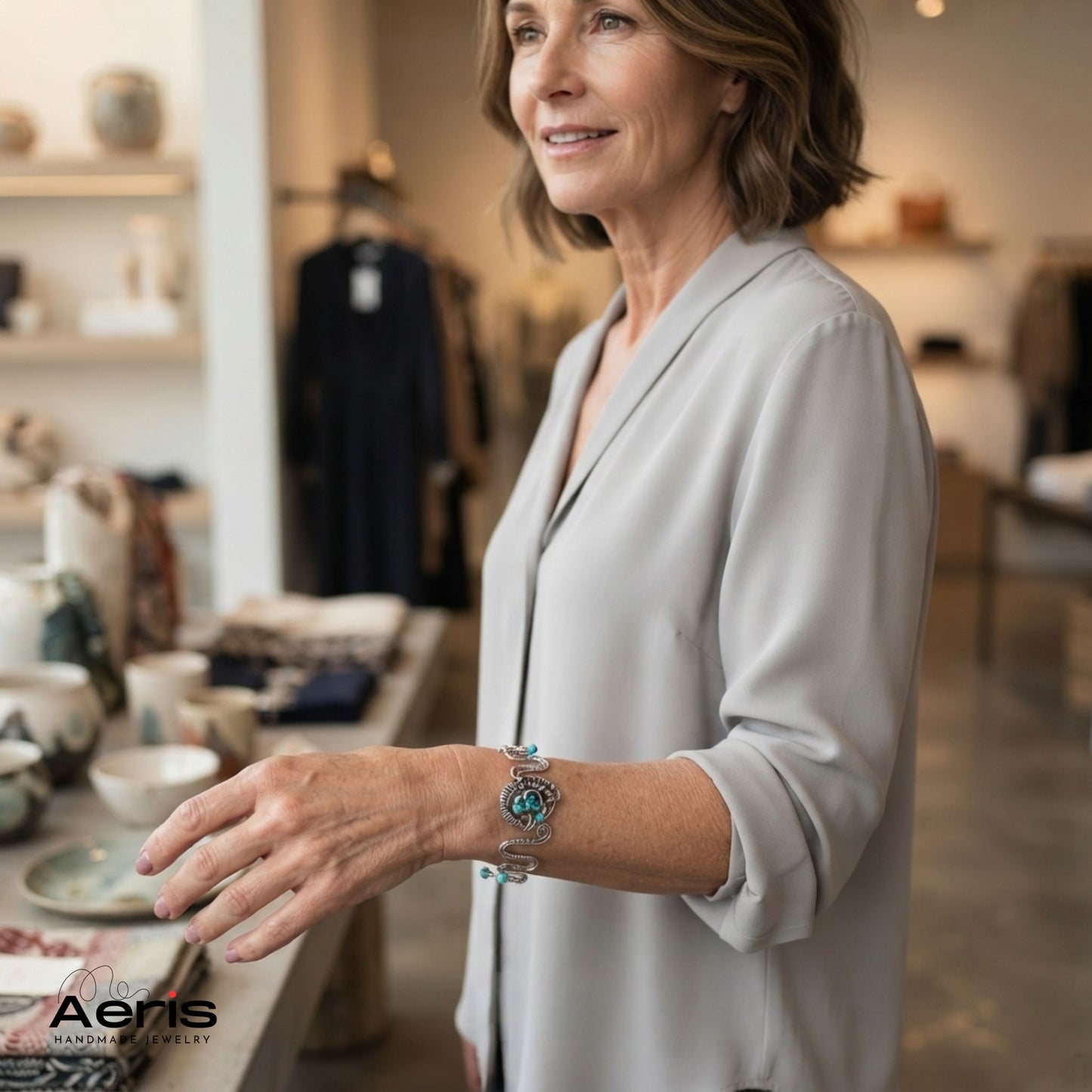 Femeie vizitand un magazin tip boutique si afisand bratara handmade din turcoaz si sarma modelata artistic