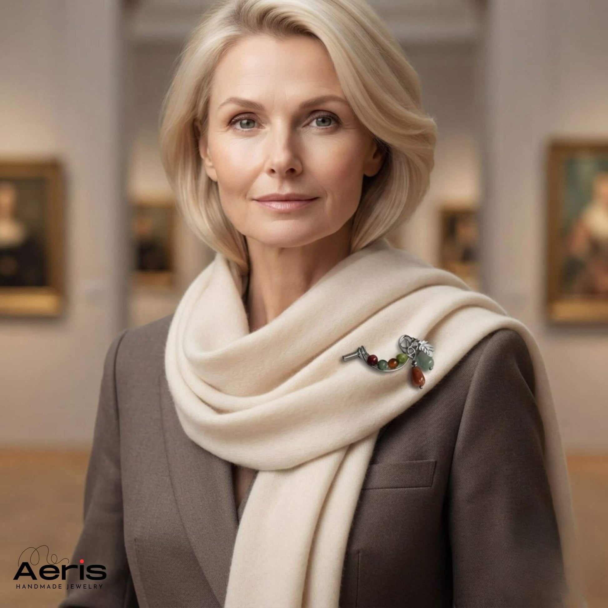 Femeie intr-o galerie de arta, purtand brosa cu mix de pietre semipretioase, asortata la o tinuta eleganta