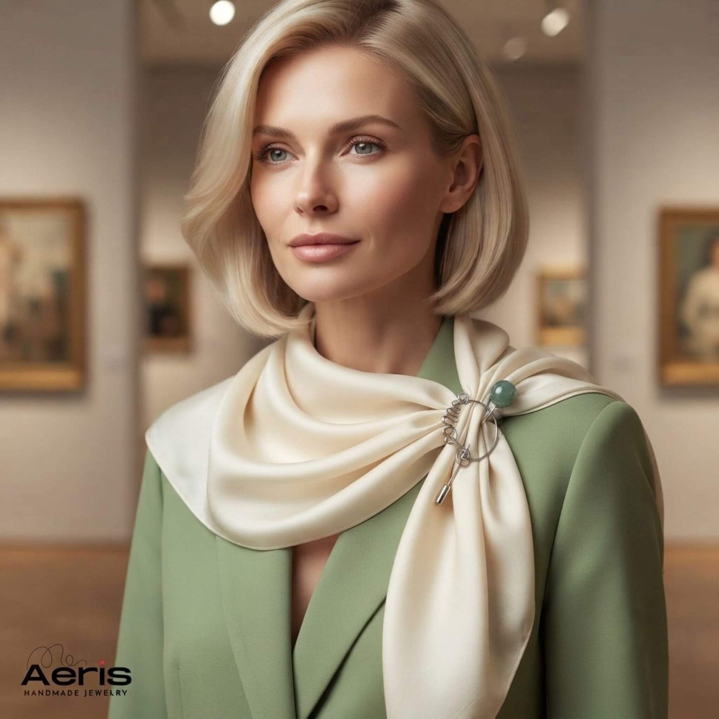 Femeie intr-o galerie de arta, purtand brosa cu aventurin, atasata la o esarfa eleganta