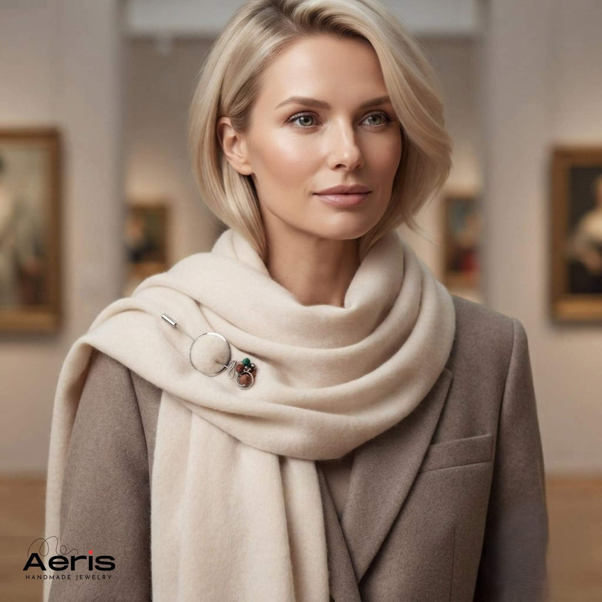 Femeie intr-o galerie de arta, purtand brosa din pietre semipretioase asortata la o tinuta eleganta