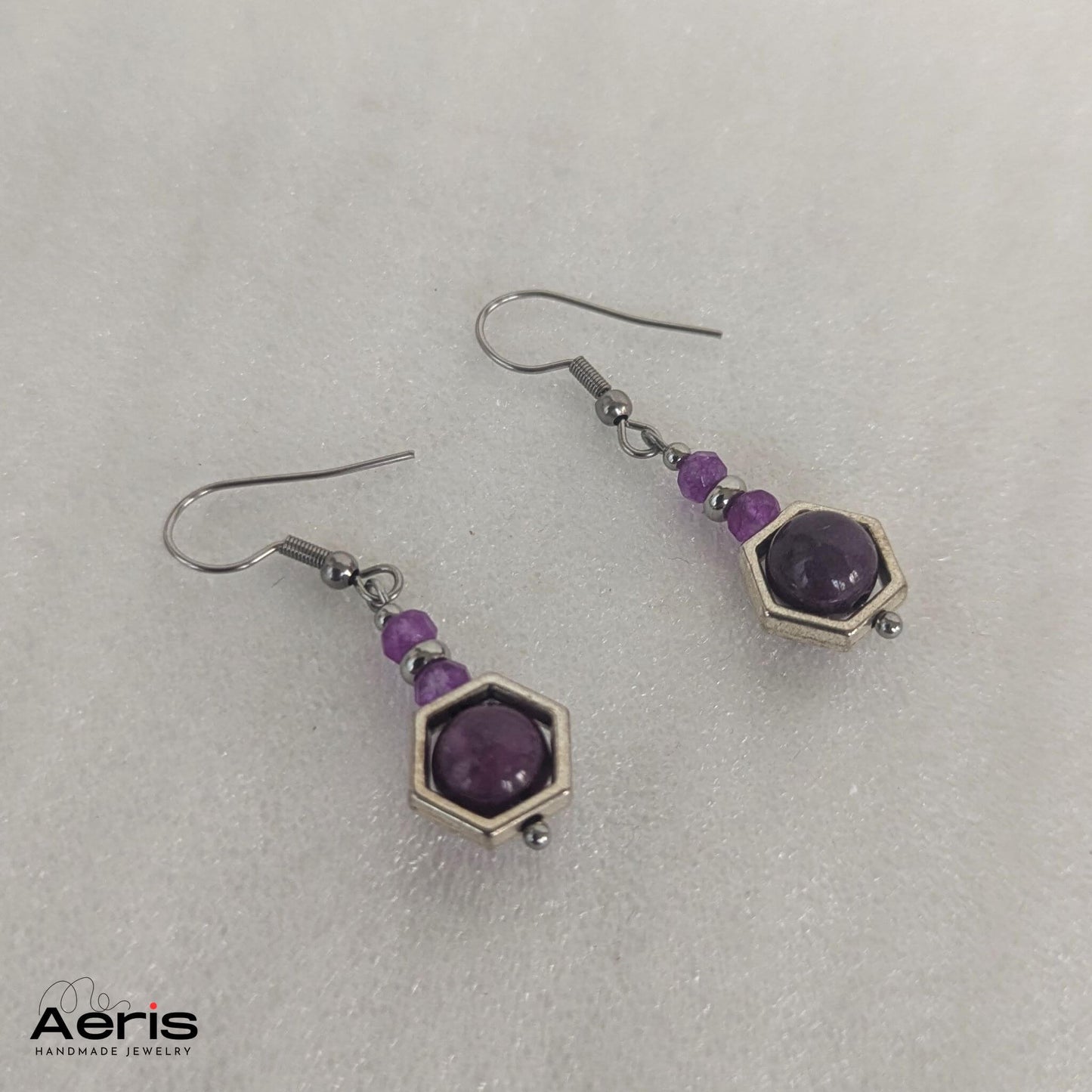 Cercei cu jad mov, tortite carlig si accesorii hexagon