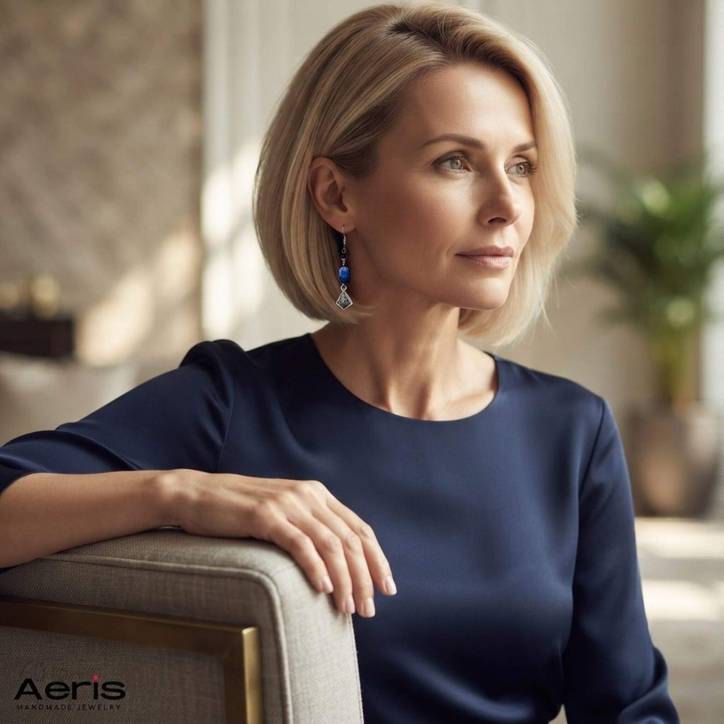 Cercei albastri cu lapis lazuli si charmuri argintii, prezentati pe model feminin