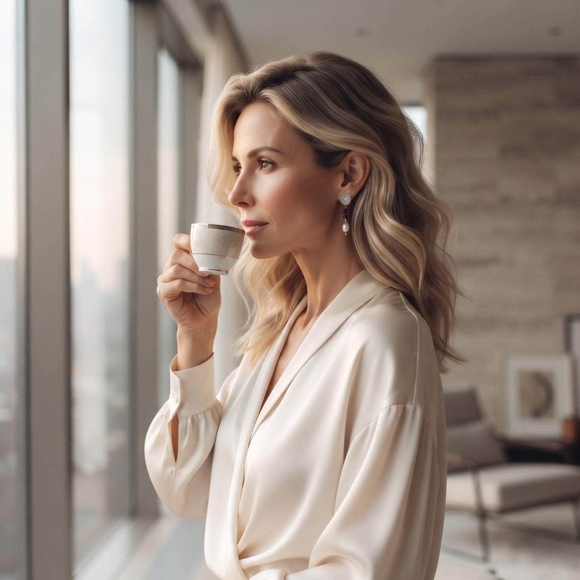 Femeie eleganta stand la fereastra si sorbindu-si cafeaua, in timp ce poarta cerceii eleganti cu perle
