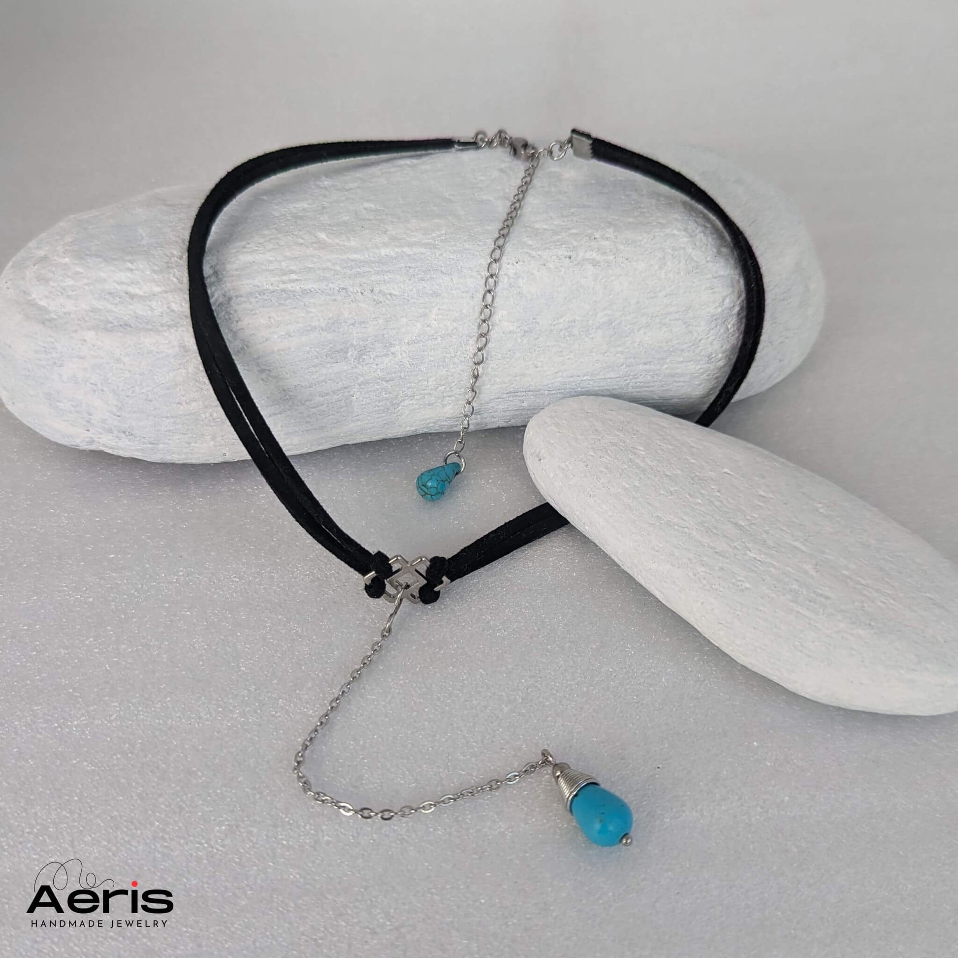 Choker boem negru cu picatura din turcoaz