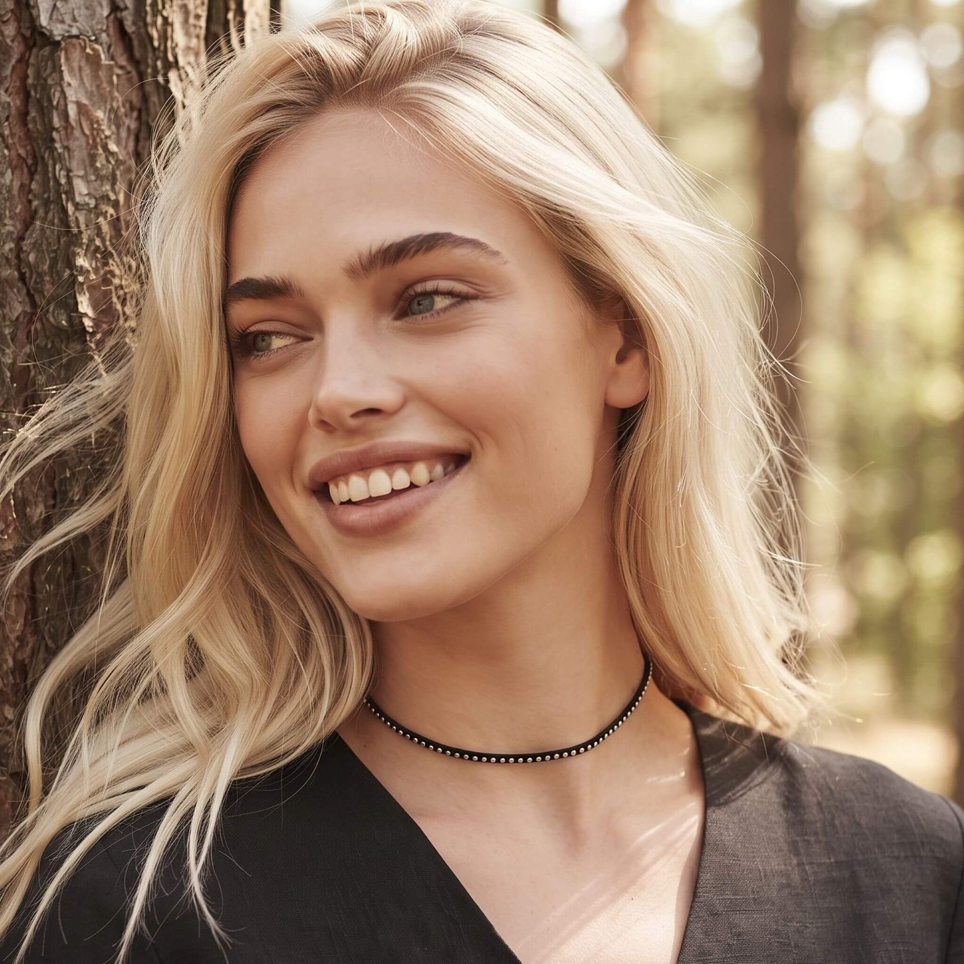 Tanara in aer liber, purtand chokerul negru minimalist cu buline argintii