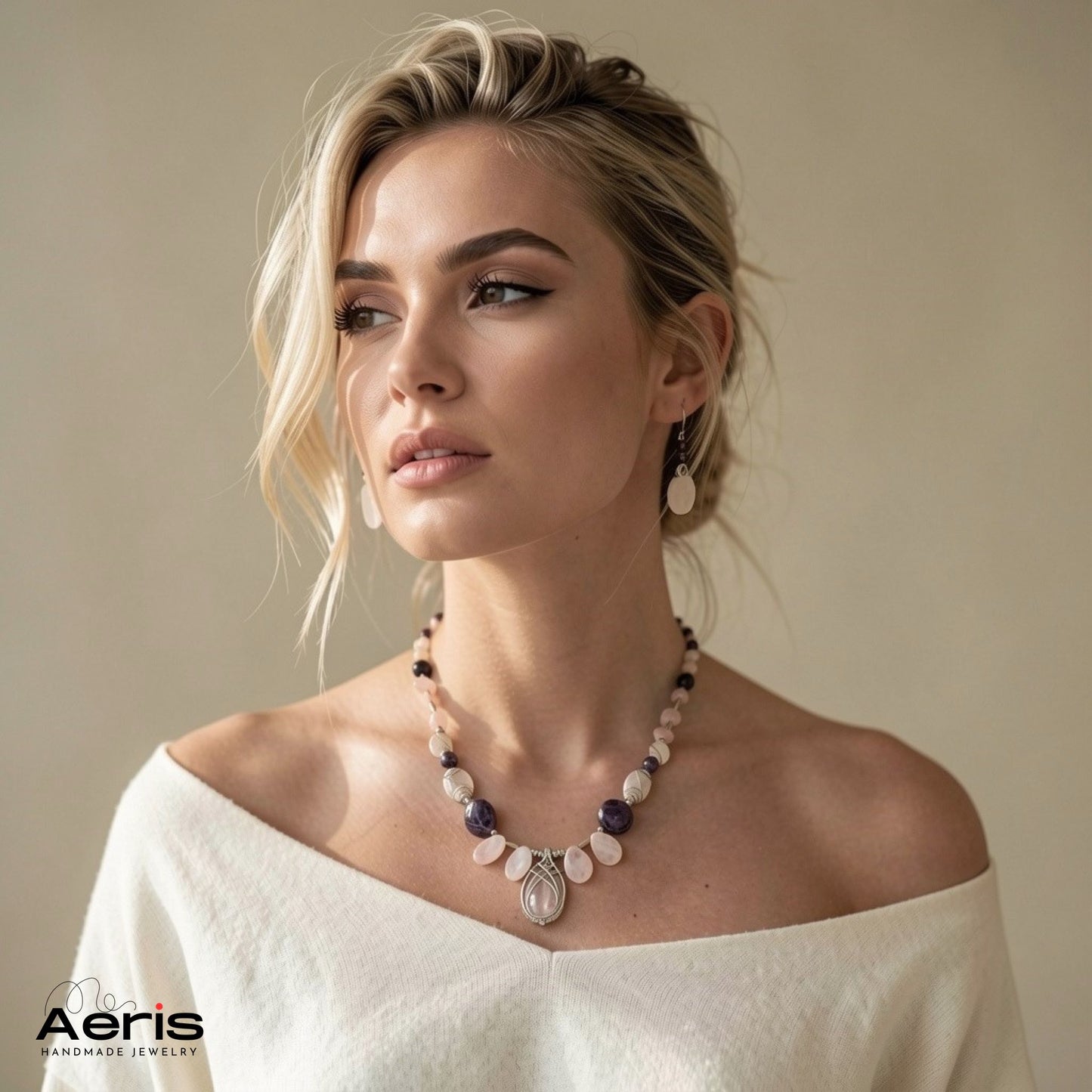 Set elegant cu ametist si cuart roz, pe model